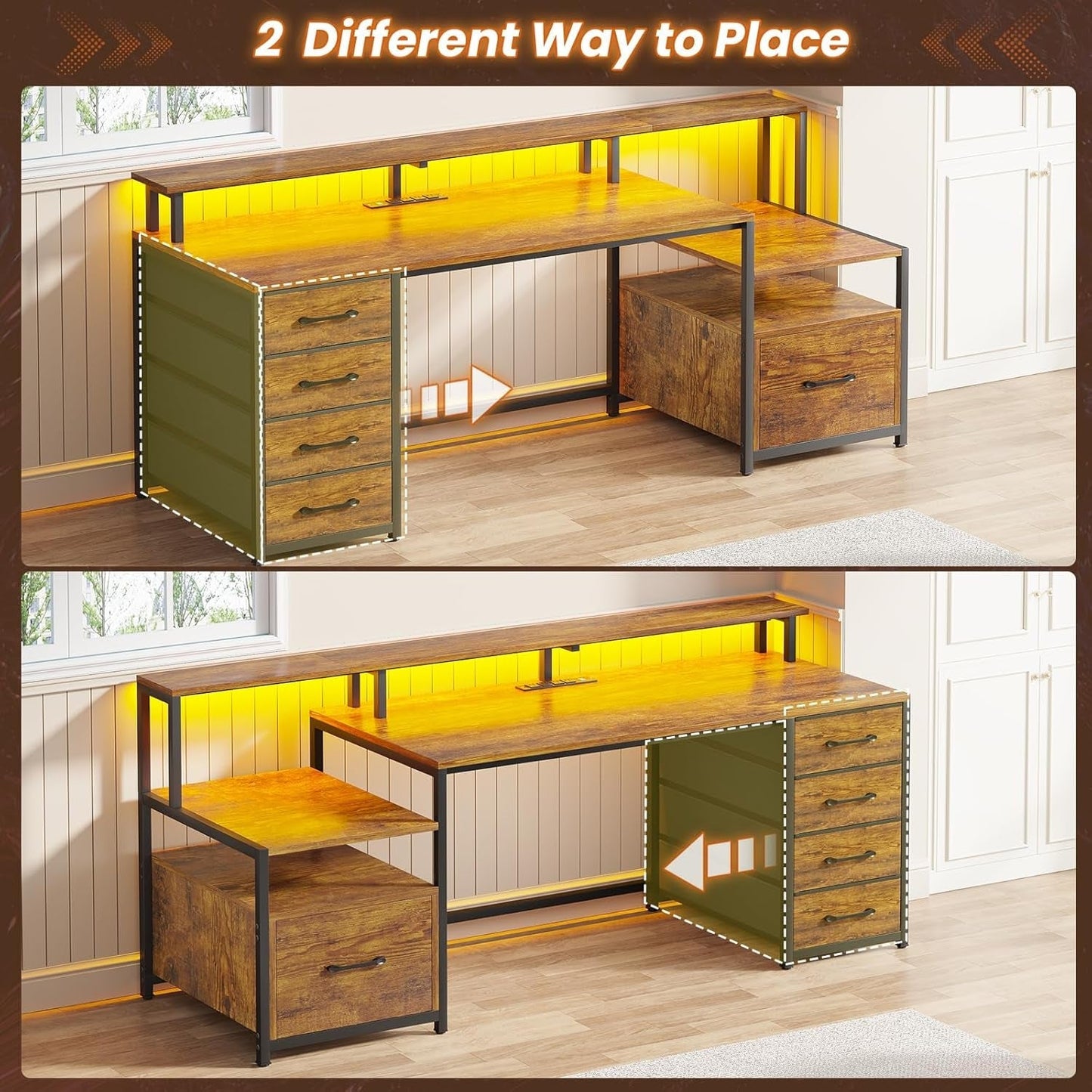 Home Office Desk with File Drawer & Power Outlet, 66'' Computer Desk