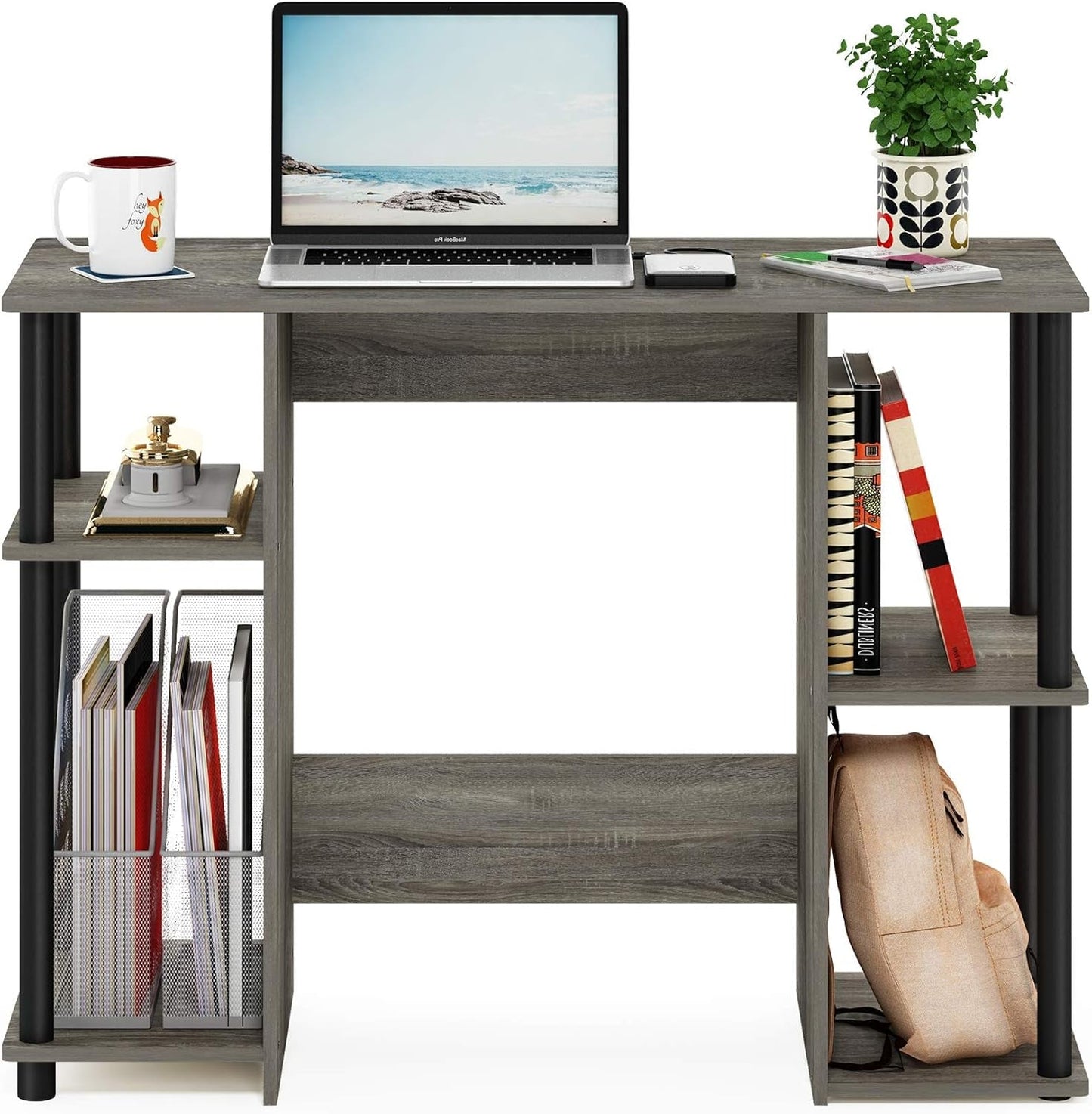 Jaya Computer Study Desk with Open Storage, French Oak Grey/Black