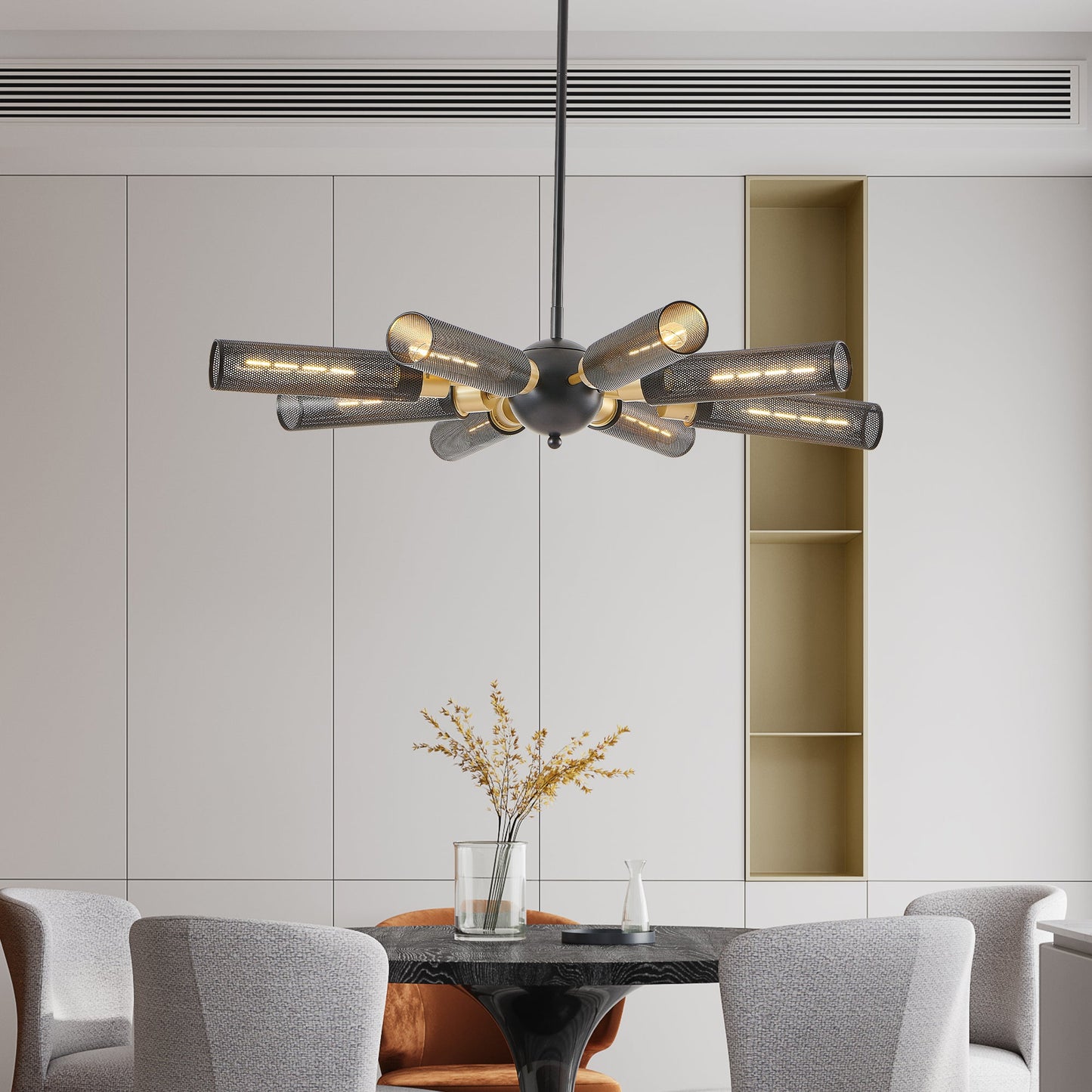 Modern Industrial Sputnik Chandelier, 8-Light Black and Gold Metal