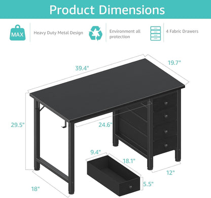 Small Gaming Desk with 4 Fabric Drawers, 40 Inch Kids Girls Teen Cute