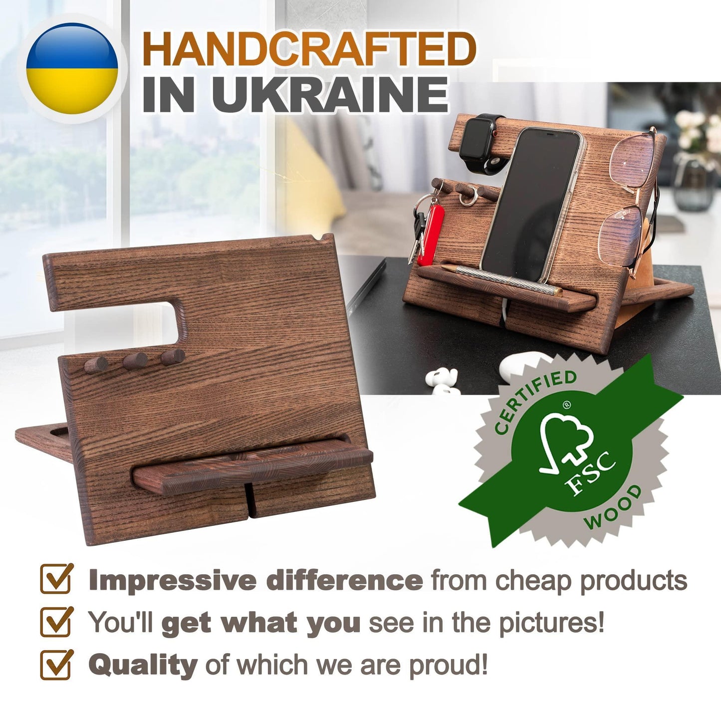 Wood Phone Docking Station Ash Hooks Key Holder Wallet Stand Watch