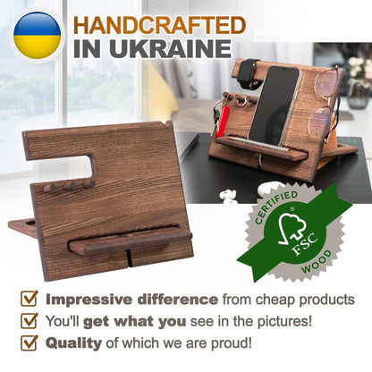 Wood Phone Docking Station Ash Hooks Key Holder Wallet Stand Watch