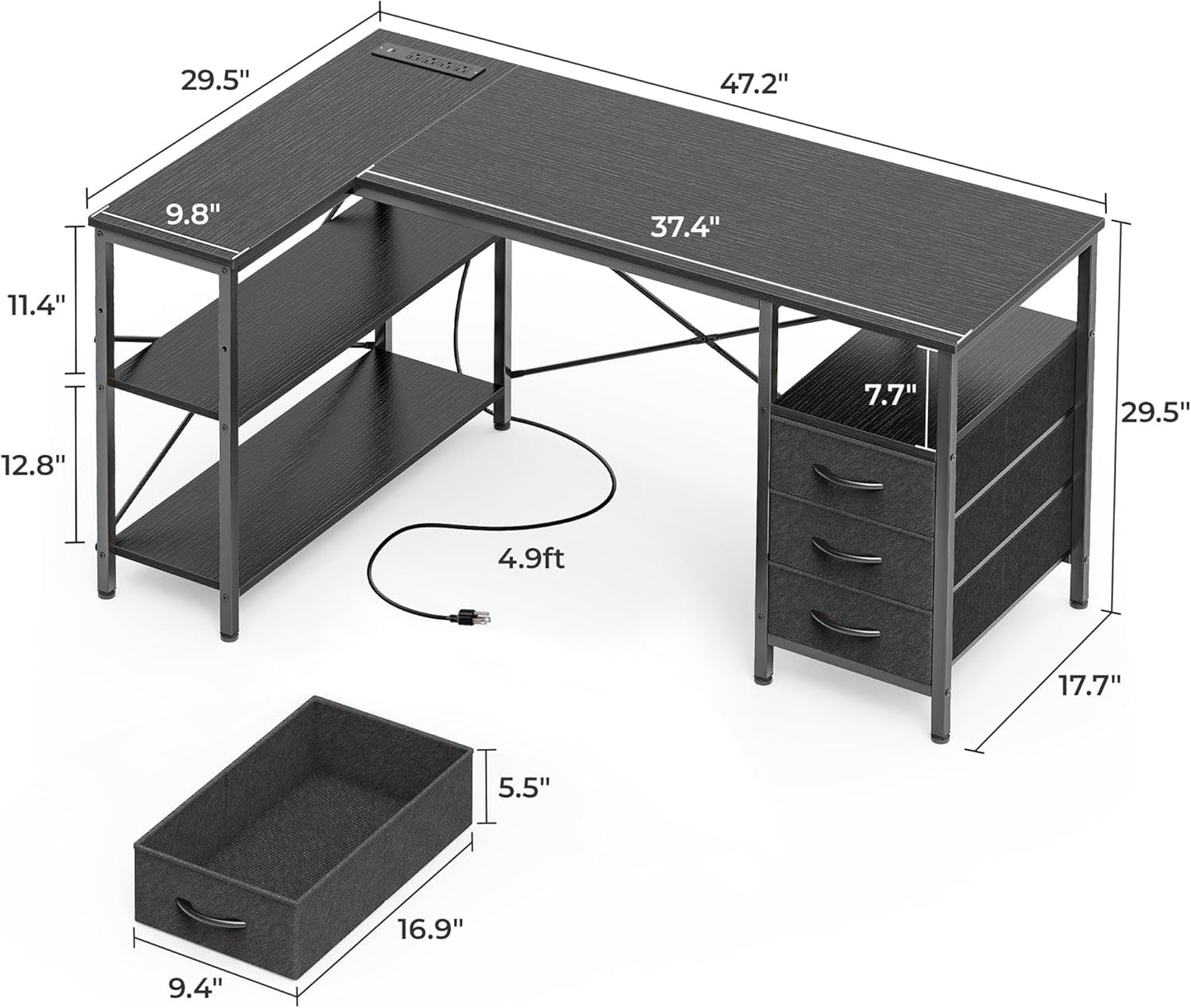 L Shaped Desk with Power Outlets, Computer Desk with 3 Drawers, 47