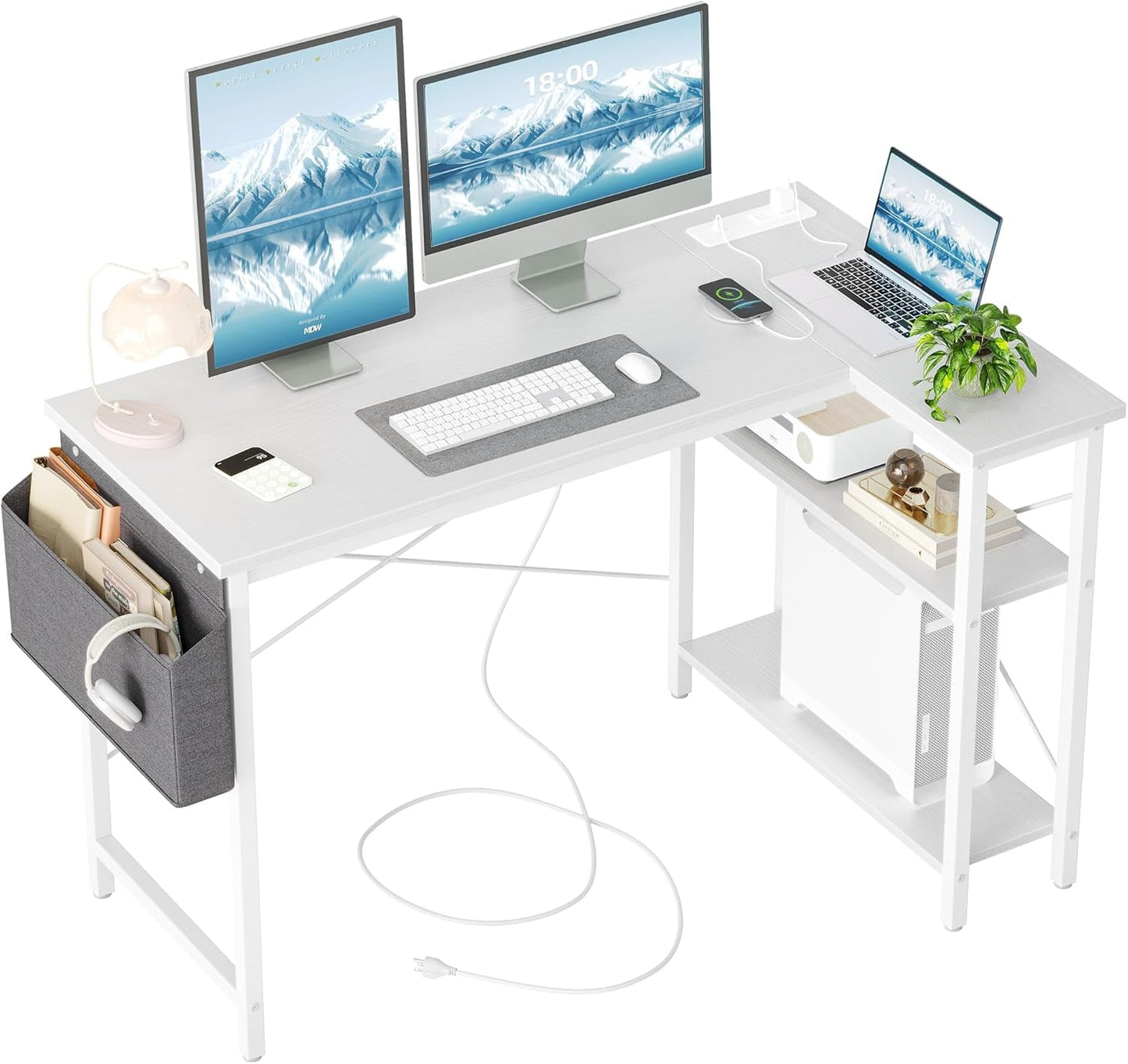 L Shaped Computer Desk with Power Outlets, 47 Inch Small Corner Desk