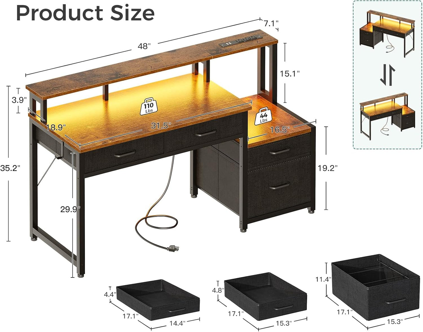 48-Inch Computer Desk with Fabric File Cabinet and Fabric Drawers,