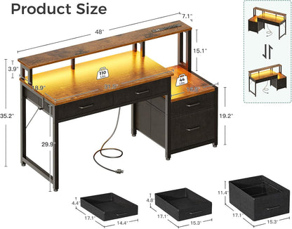 48-Inch Computer Desk with Fabric File Cabinet and Fabric Drawers,