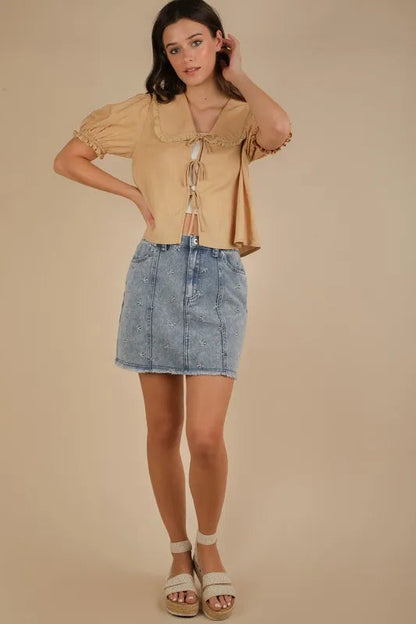 VERY J Bow Printed Casual Denim Mini Skirt