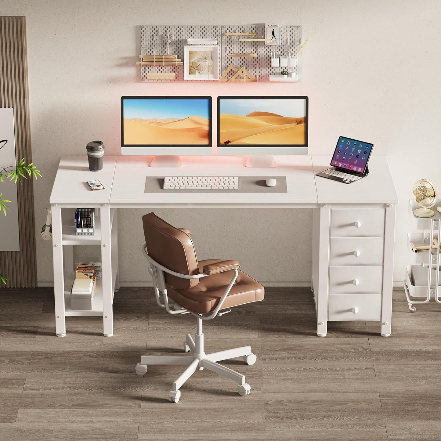 White Computer Desk with Fabric Drawers & Storage Shelves, 55 Inch