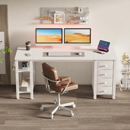 White Computer Desk with Fabric Drawers & Storage Shelves, 55 Inch