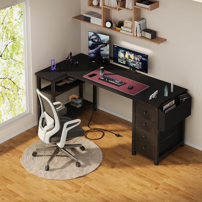 L Shaped Gaming Desk with Drawers & Storage Shelves, 55 Inch Corner