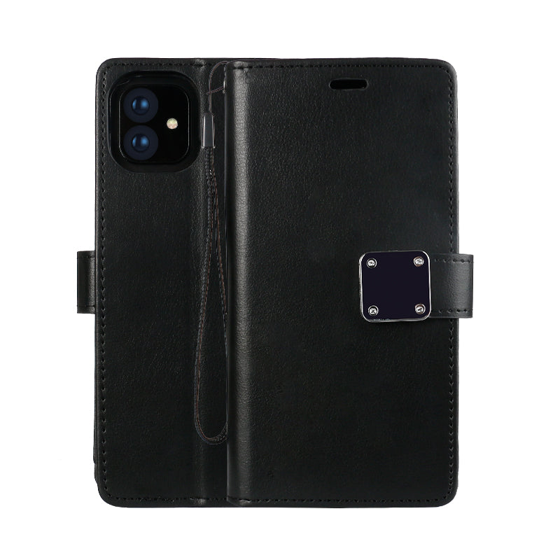 Multi Pockets Folio Flip Leather Wallet Case with Strap for iPhone 12