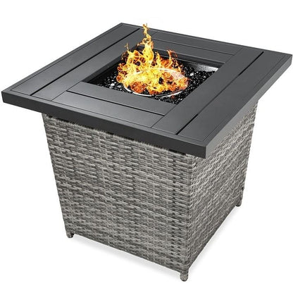 50,000 BTU Grey Wicker LP Gas Propane Fire Pit w/ Faux Wood Tabletop