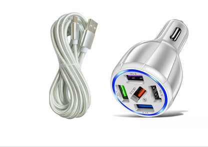 White 5-Port USB Fast Car Charger with LED, 10FT iPhone Cable - Quick