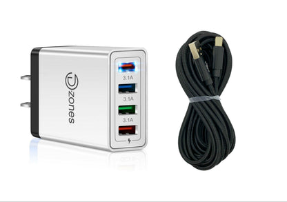 4 Port Wall Charger with 10 FT Charger Compatible for Iphone