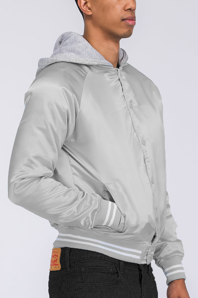 Satin Hooded Varsity Jacket Snap Button Closure BJ220