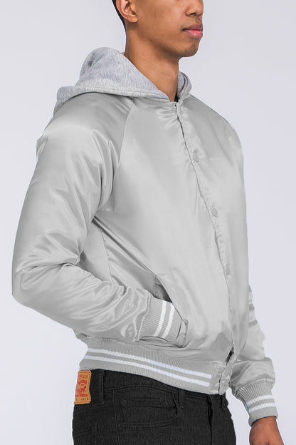 Satin Hooded Varsity Jacket Snap Button Closure BJ220