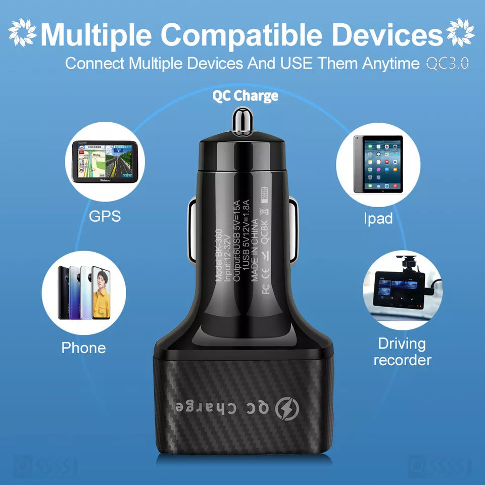 PBG LED 6 Port Car Charger and 10FT XL Zebra Charger Compatible for