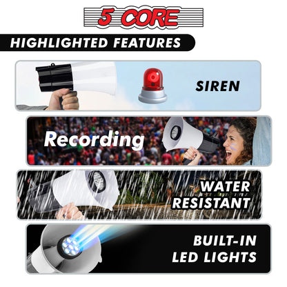 5Core Megaphone Bullhorn Speaker 30W LED Bull Horn Battery Power Cheer