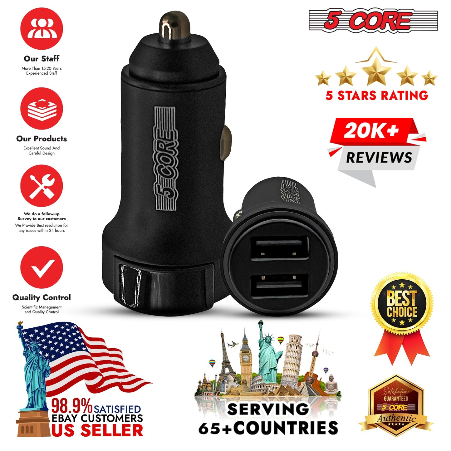 5Core Car Charger USB Type C Adapter 24W Fast Charging Anker Outlet