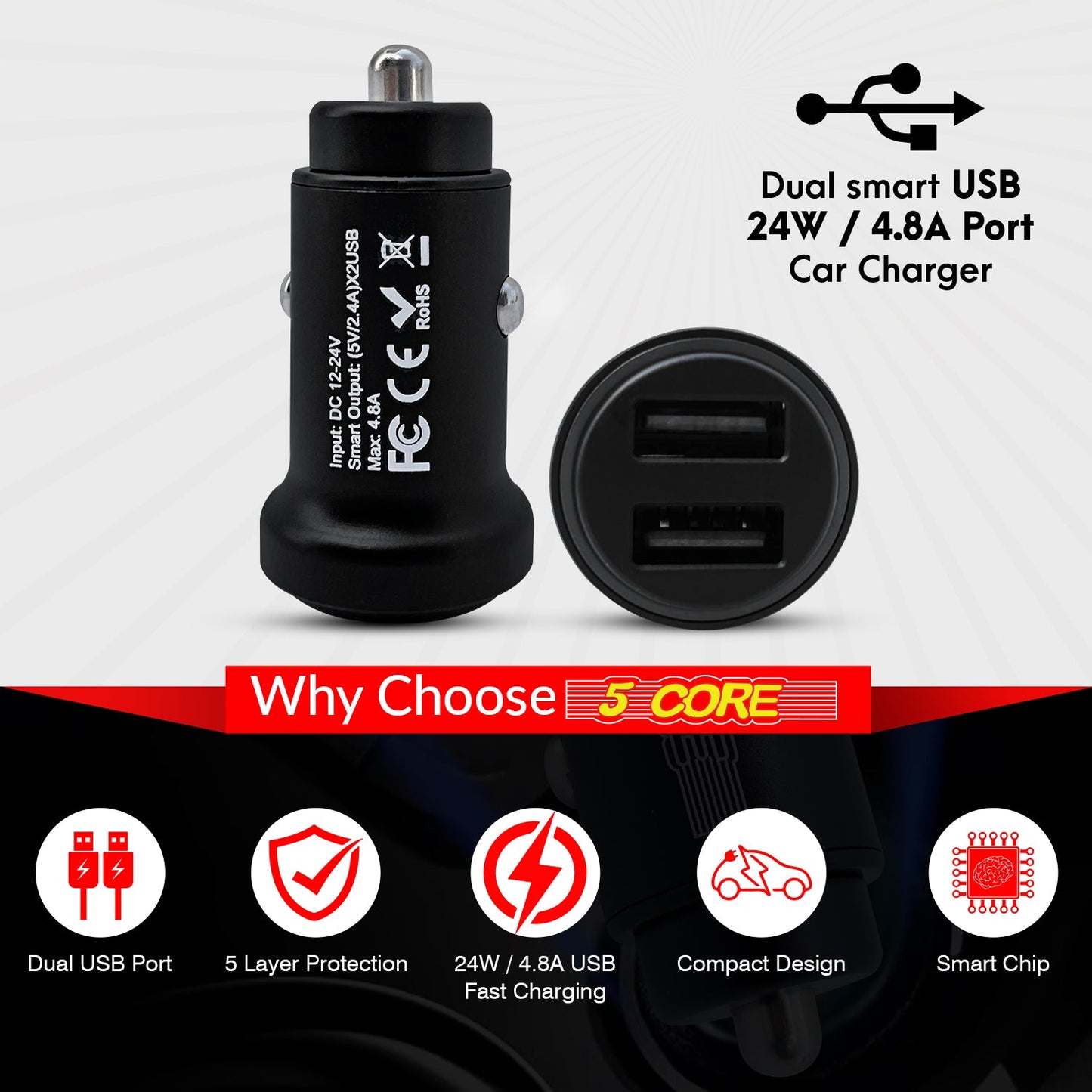 5Core Car Charger USB Type C Adapter 24W Fast Charging Anker Outlet