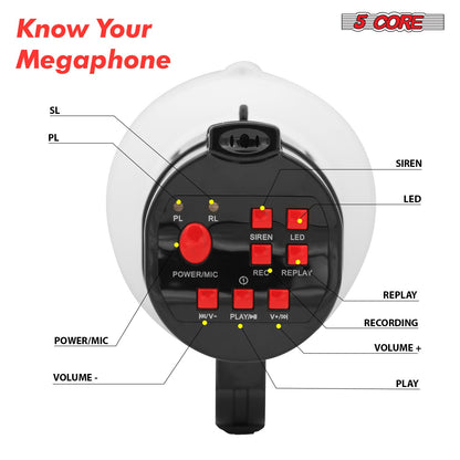 5Core Megaphone Bullhorn Speaker 30W LED Bull Horn Battery Power Cheer