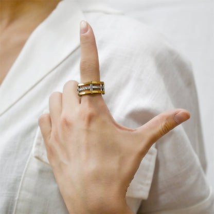 Gold Cocktail Paralleled Bar Ring with CZ