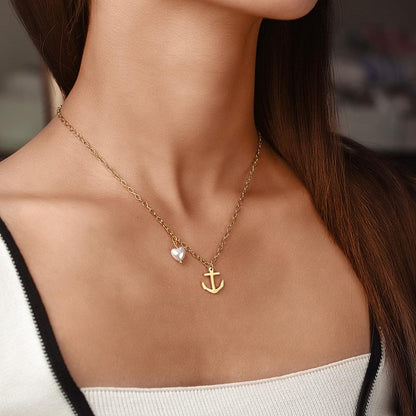 Vintage Anchor Heart-shaped Pearl Pendant Necklace