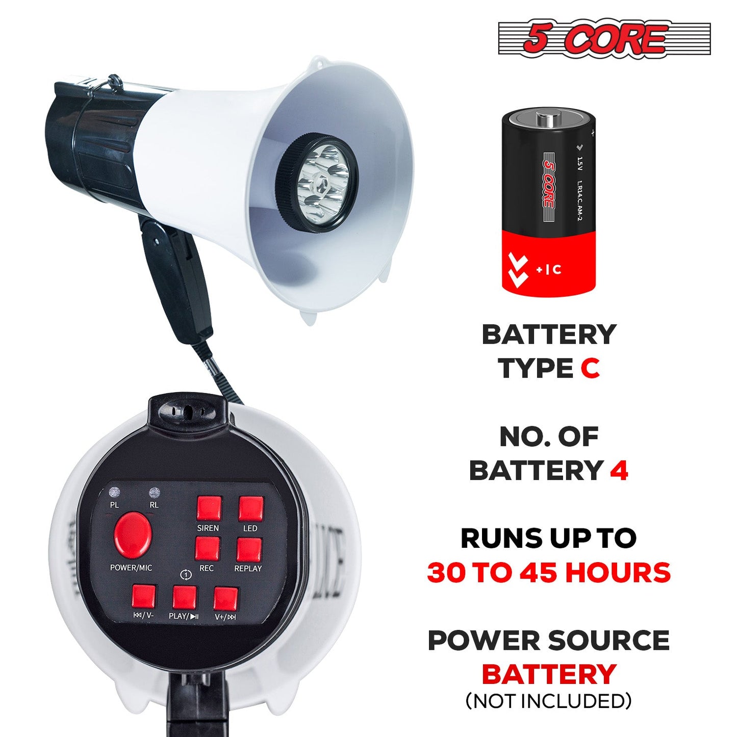 5Core Megaphone Bullhorn Speaker 30W LED Bull Horn Battery Power Cheer