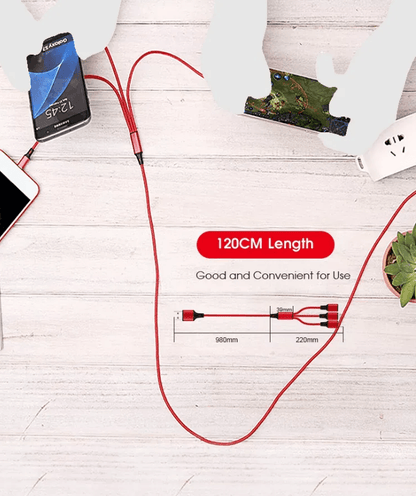 4 Port LED Car Charger + 3 in 1 Cable Combo Gold