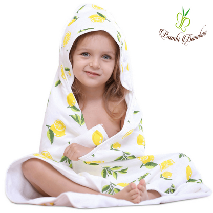 Baby Hooded Towel, Muslin-Backed, Buttery Soft Terry, Lemon Print