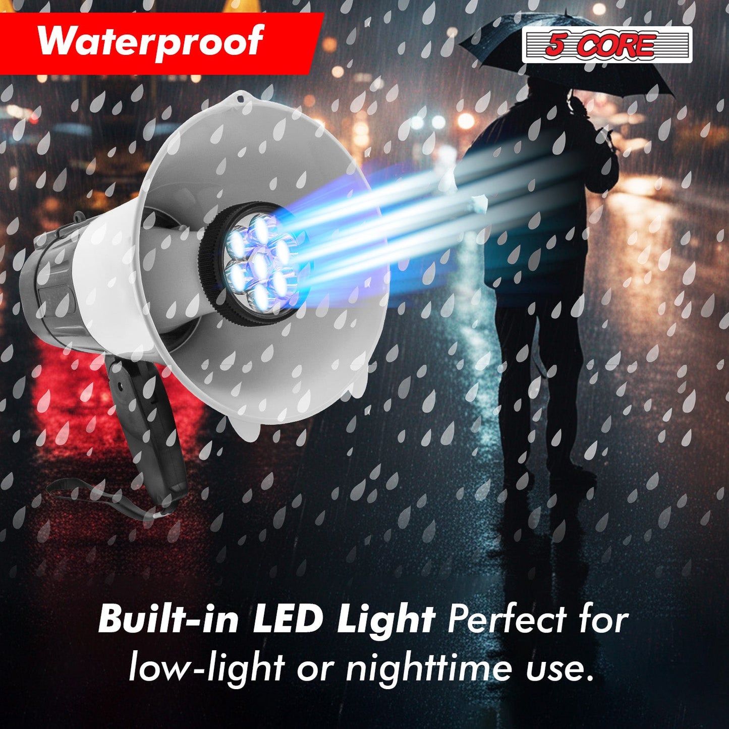 5Core Megaphone Bullhorn Speaker 30W LED Bull Horn Battery Power Cheer