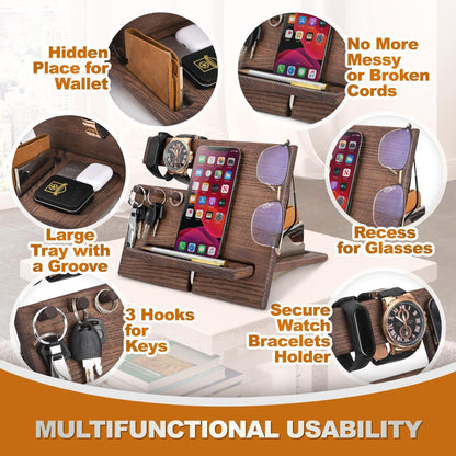 Wood Phone Docking Station Ash Hooks Key Holder Wallet Stand Watch