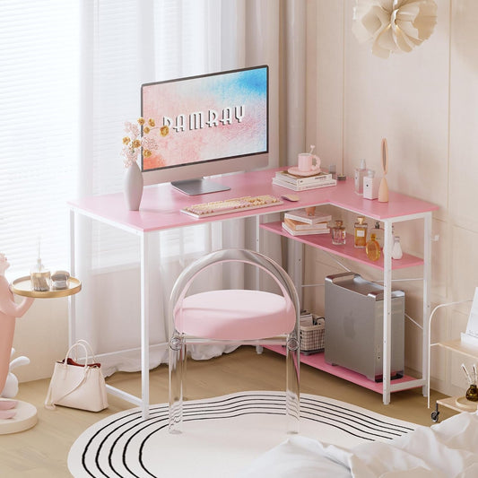 43 Inch L Shaped Computer Desk with Reversible Side Storage Shelves,