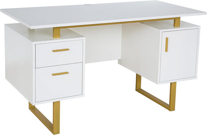 51" White Gold Desk with Storage Cabinet