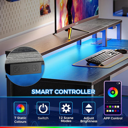 47 Inch Reversible L Shaped Desk with LED Lights & Power Outlets,
