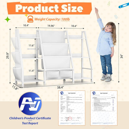 Kids Bookshelf Large Storage Bookcase: 3-Tier Book Sling Shelf Toy