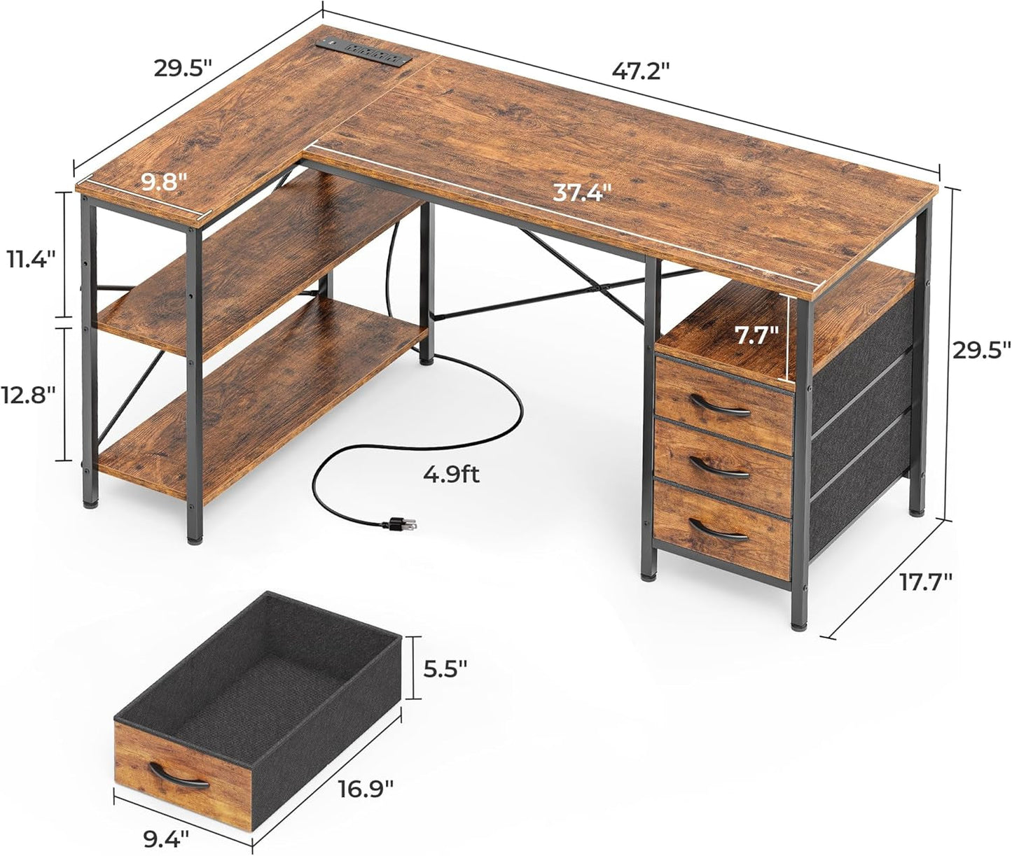 L Shaped Desk with Power Outlets, Computer Desk with 3 Drawers, 47