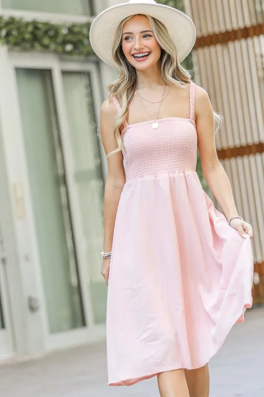 And The Why Smocking Open-Back Sleeveless Midi Dress