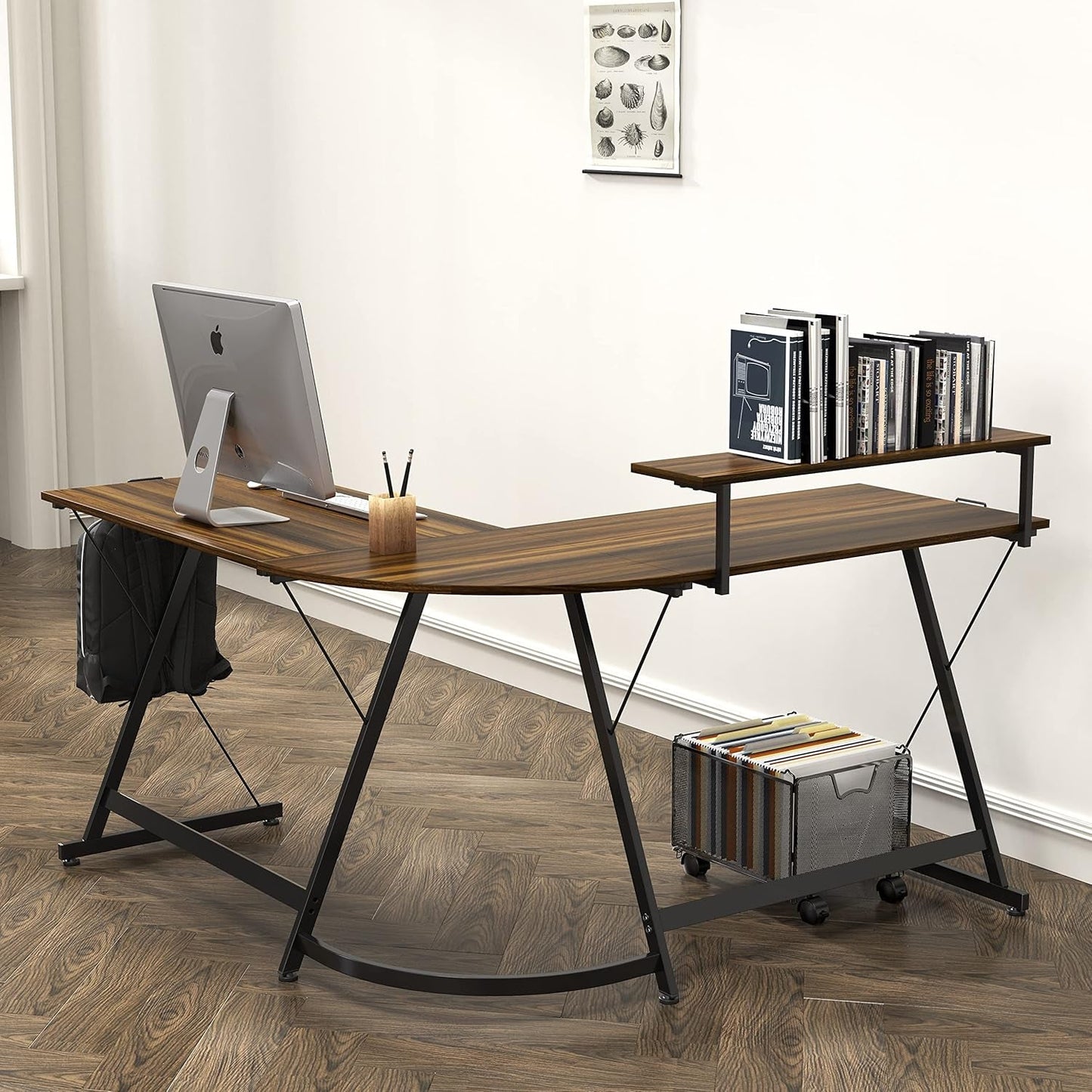 Vista L-Shape Desk with Monitor Stand, Walnut