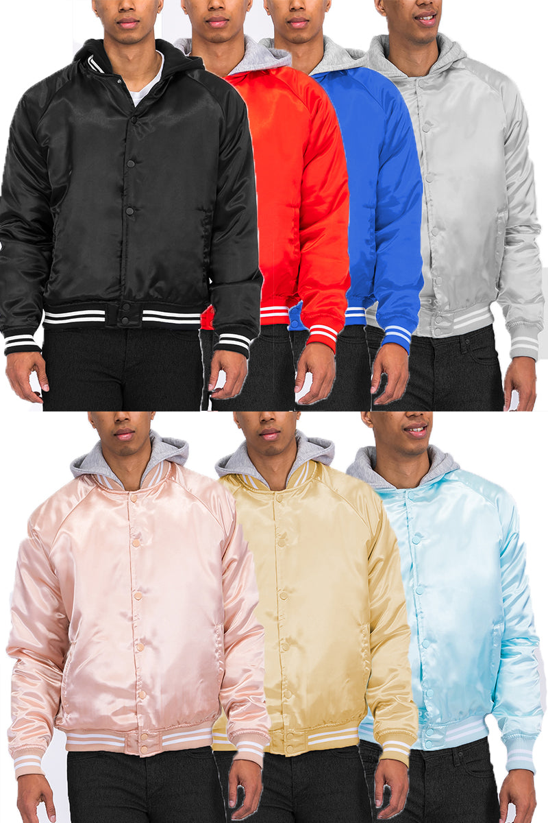 Satin Hooded Varsity Jacket Snap Button Closure BJ220