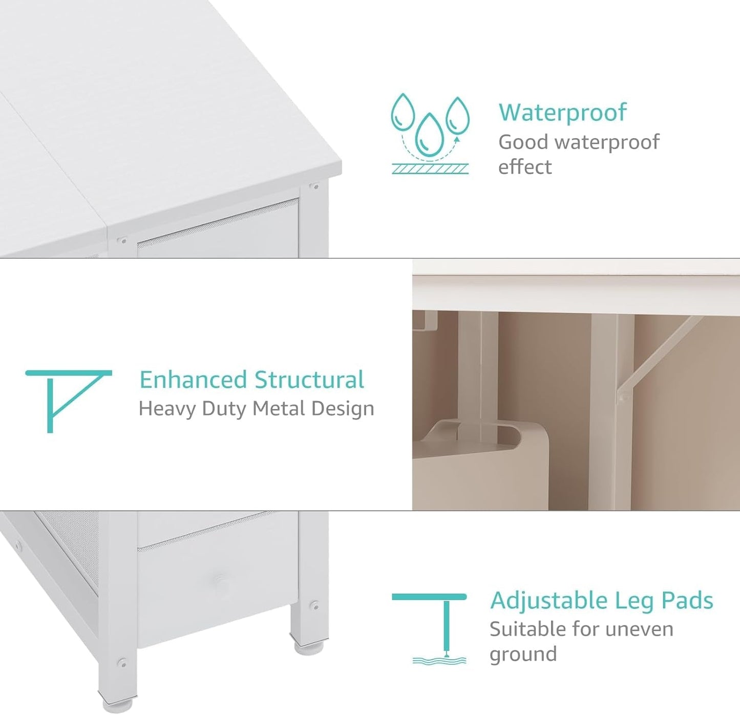 White Computer Desk with Fabric Drawers & Storage Shelves, 55 Inch