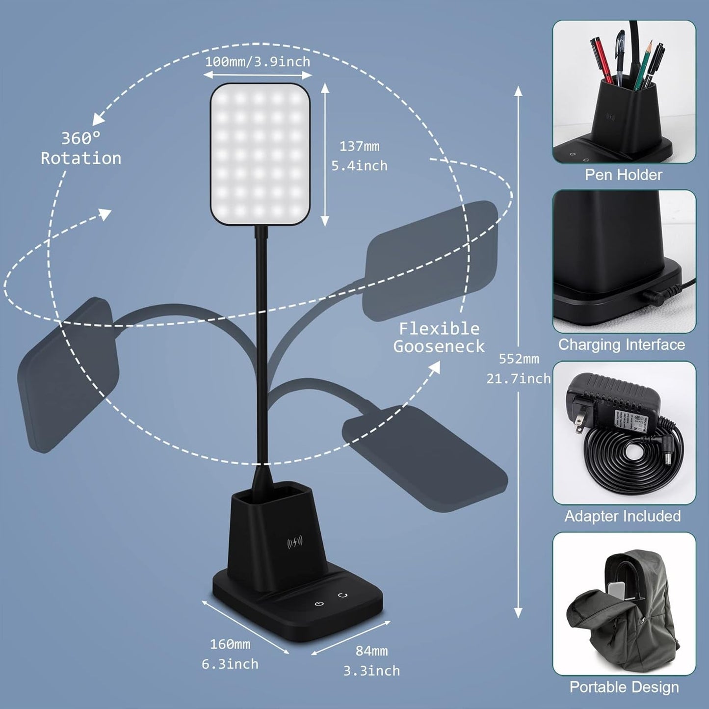 Desk Lamp, LED Desk Lamps for Home Office, Wireless Charger Small Desk