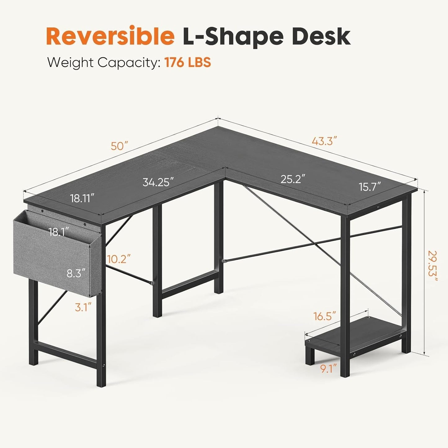 L Shaped Computer Desk - Gaming Table Corner Desk 50 Inch PC Writing