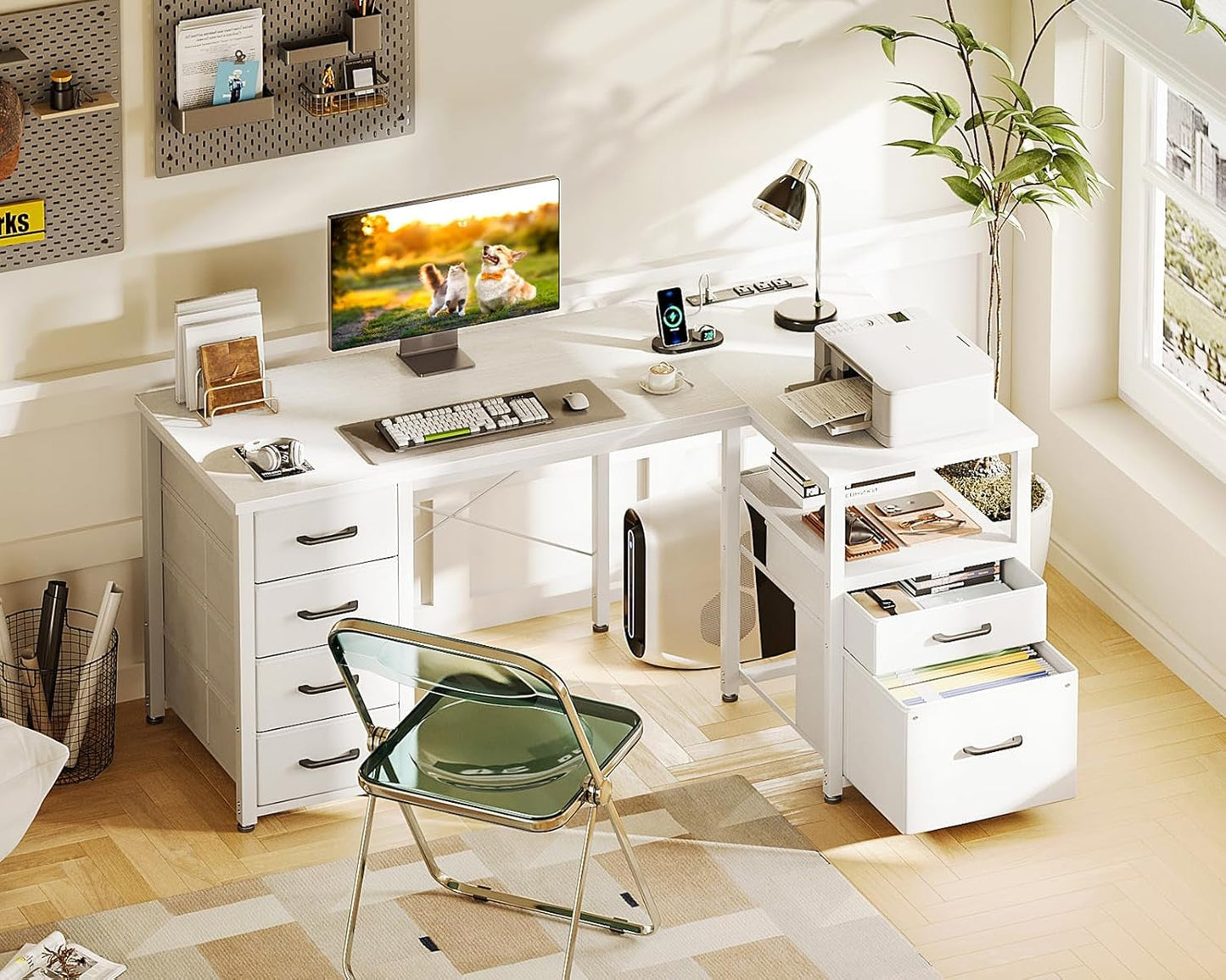 L Shaped Computer Desk with 6 Drawers & Power Outlet, 55 Inch Corner