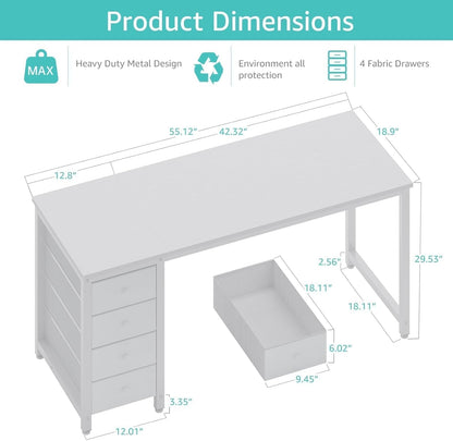 55" White Computer Desk with Fabric Drawer