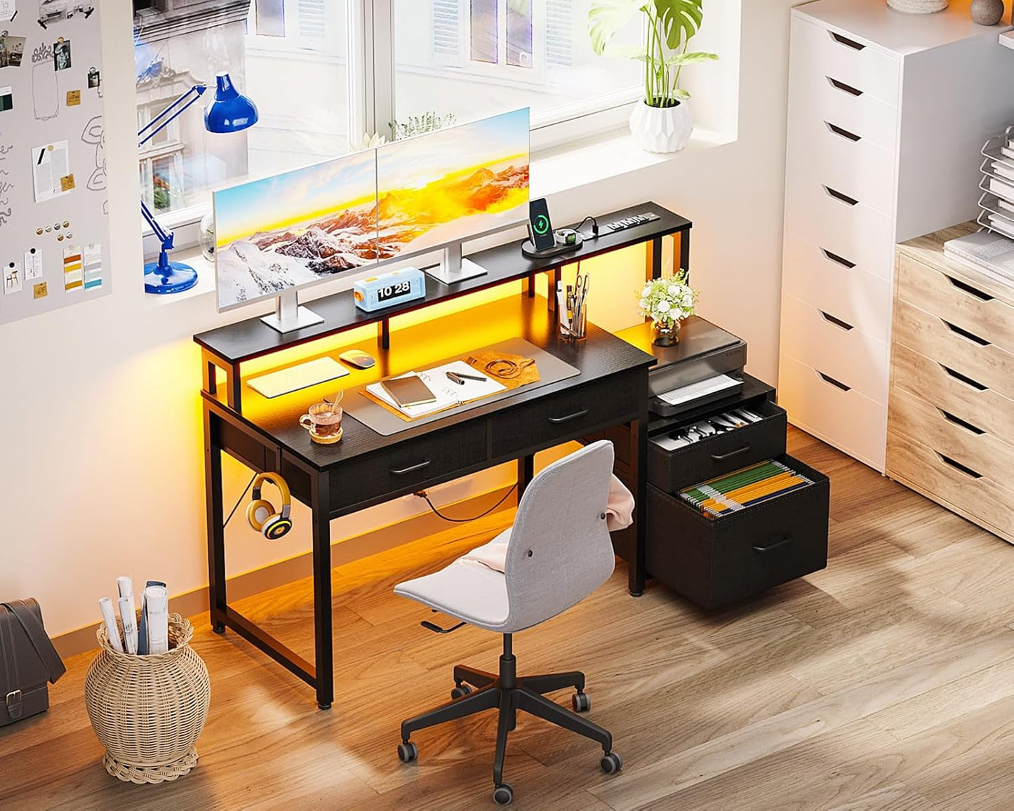 48-Inch Computer Desk with Power Outlets and LED Lights, Gaming Desk