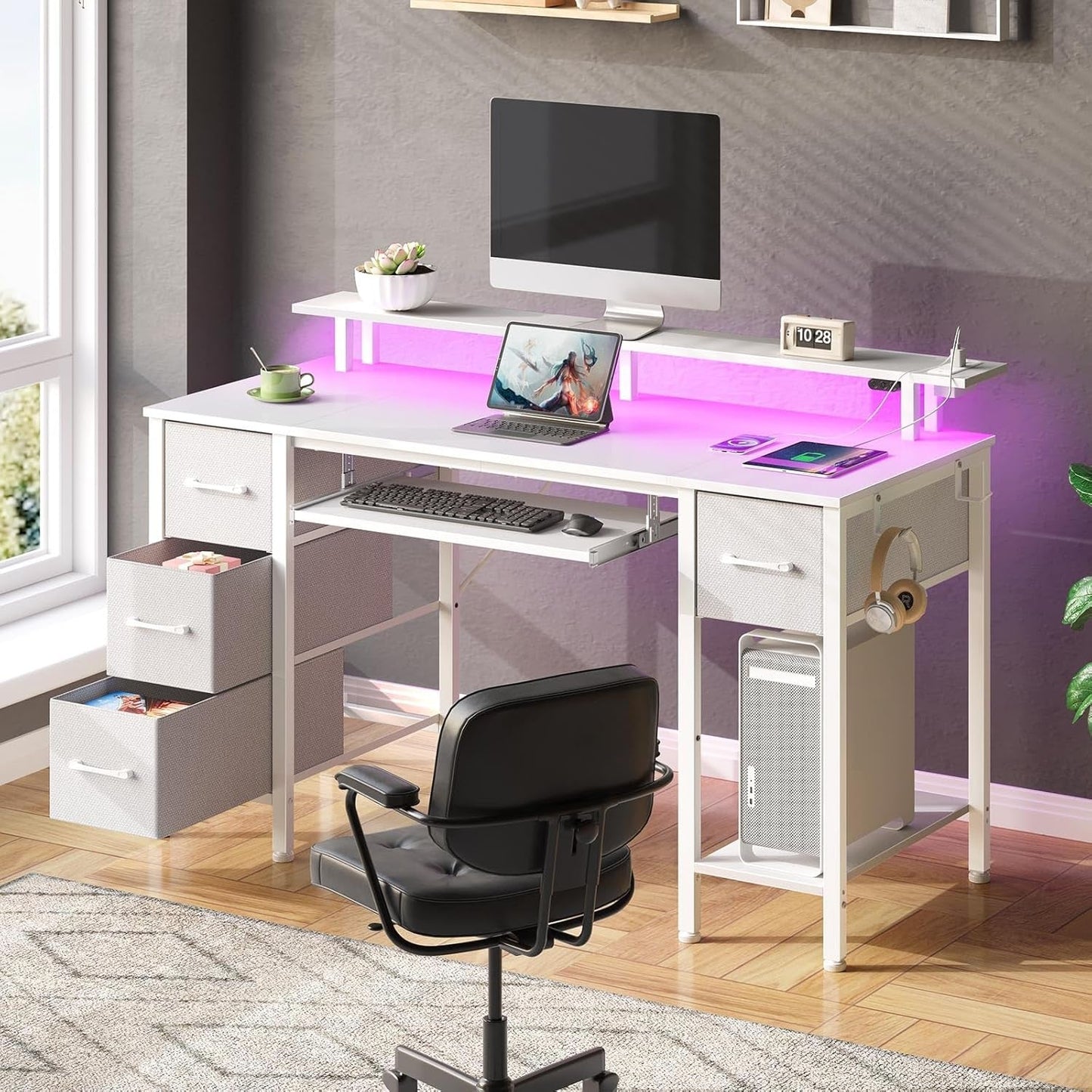 Computer Desk 47.2" with LED Lights & Power Outlets, Home Office Desk
