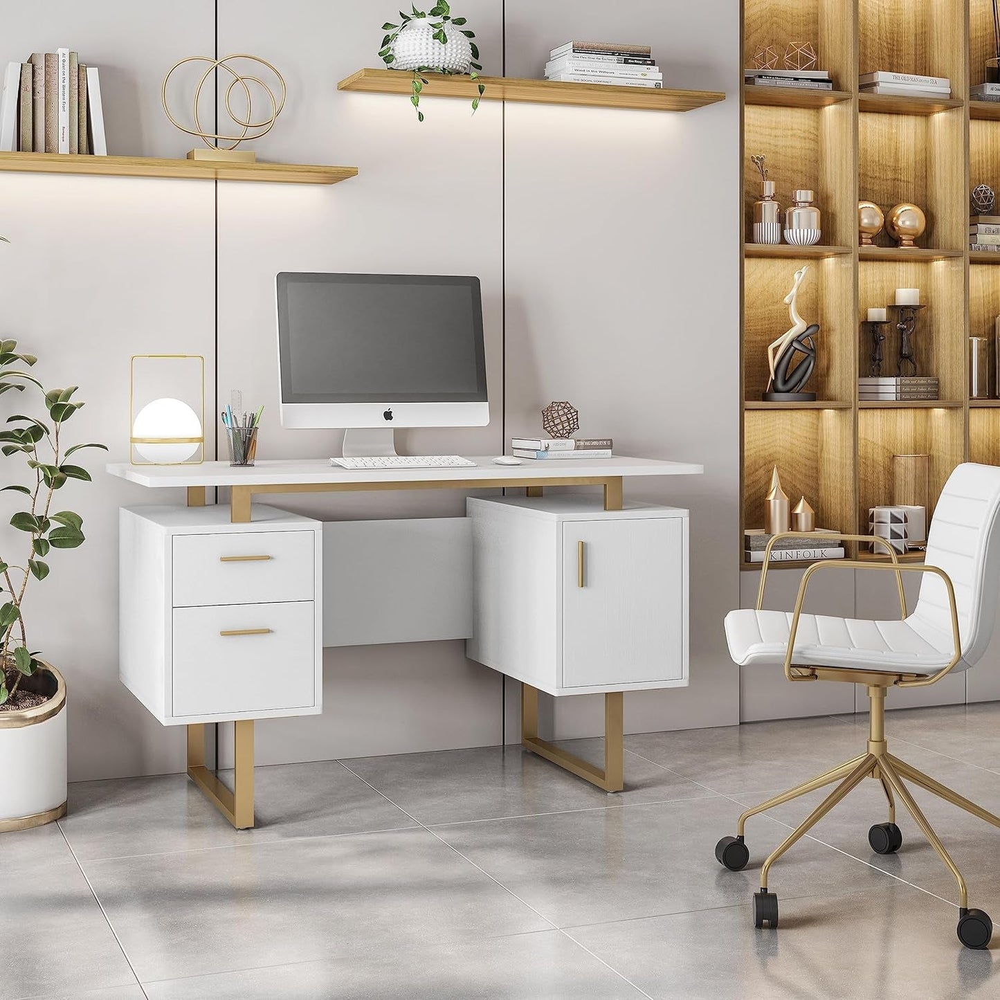 51" White Gold Desk with Storage Cabinet
