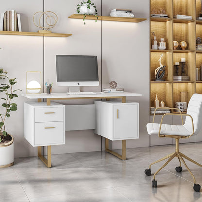 51" White Gold Desk with Storage Cabinet