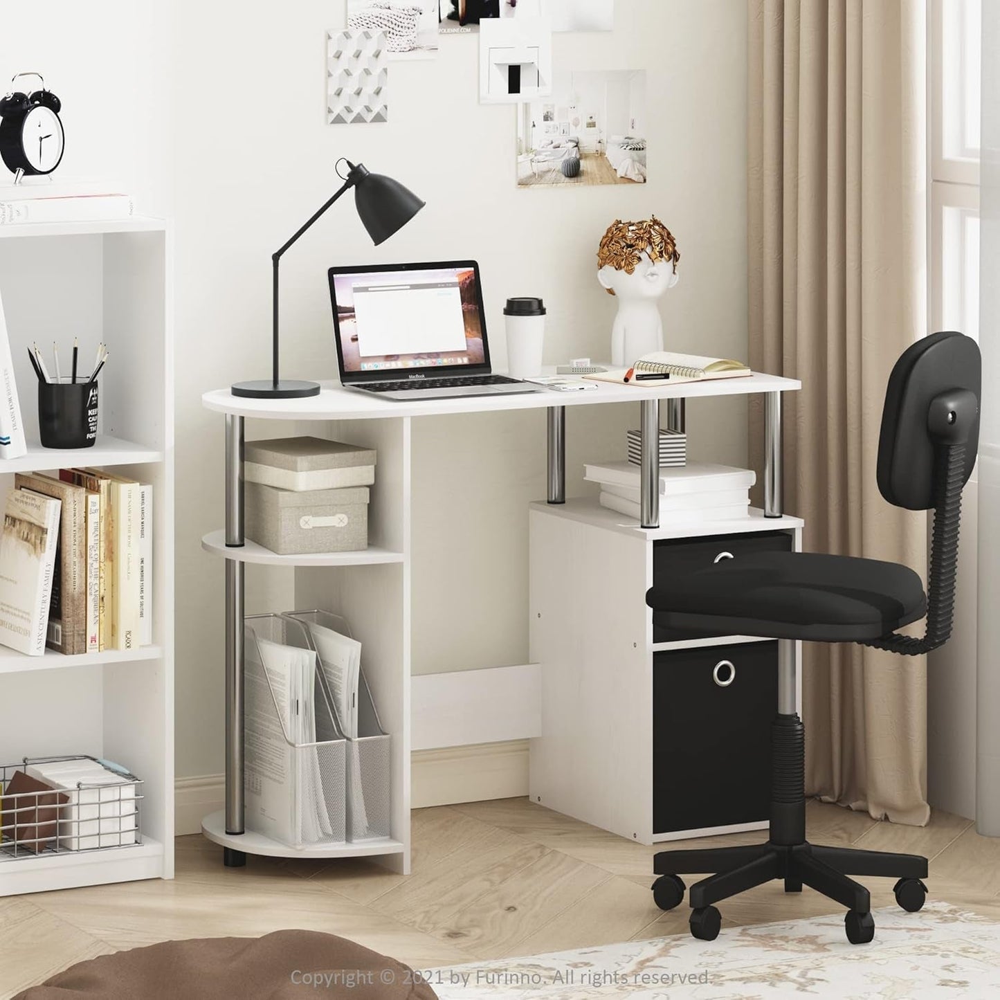 Jaya Simplistic Computer Study Desk, White Oak/Chrome/Black